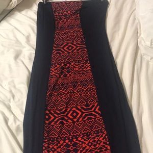 Strapless navy and orange Aztec long dress